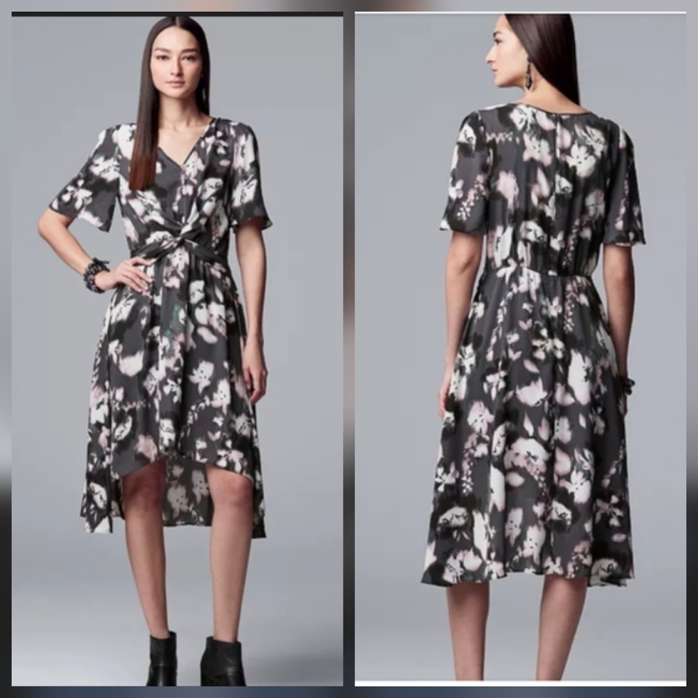 Simply Vera Vera Wang Floral Flutter Twist Knot Front Dress Charcoal Purple EB3